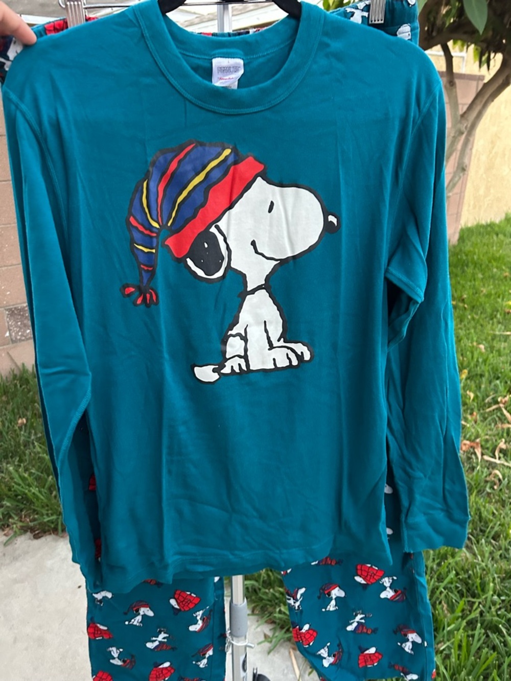Hanna Andersson Teal Snoopy Long Sleeve pj set Tee with pants.